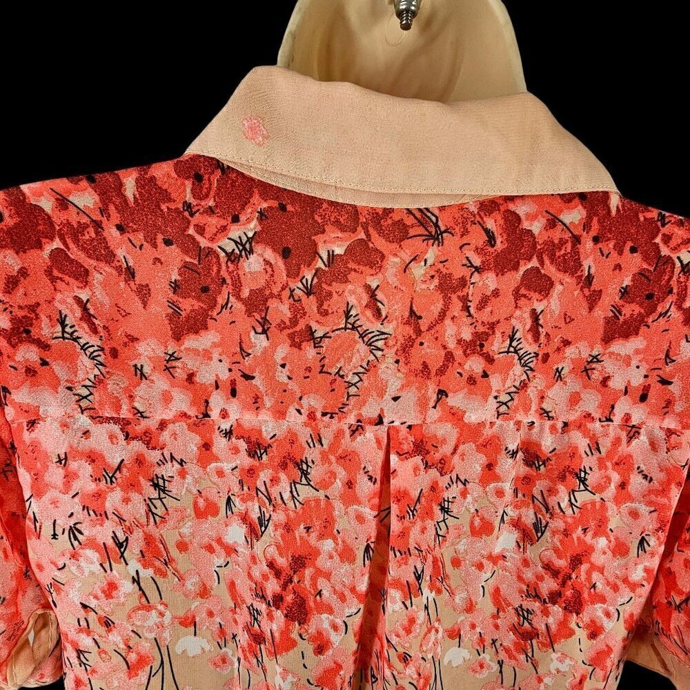GeeGee Pink Floral Short Slv Blouse Sheer Lightweight Button Front Top Womens M